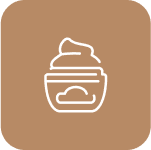 Icon of a cream jar with a lid, illustrated in white on a brown square background with rounded corners.