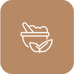 Frame 1618873951 (1) Icon of a bowl with a spoon, featuring two leaves in front, on a brown background.