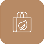Icon of a shopping bag with a leaf on it, set against a brown background.