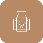 Line art of a milk can with a cow head emblem, set against a brown background with rounded corners.