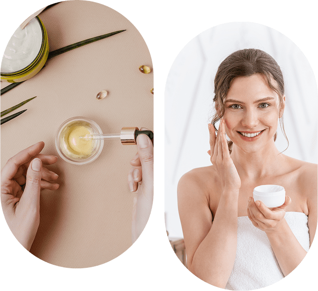 Left: Hands holding a dropper with a jar of oil and capsules. Right: Smiling woman applying cream to her cheek, wearing a towel.