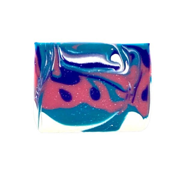 A rectangular bar of Black Raspberry Vanilla soap with colorful swirls of blue, pink, and white, accented by dark speckled patterns.