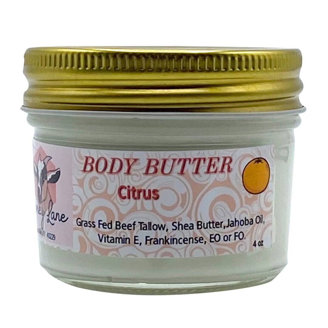 A 4 oz glass jar of Citrus Body Butter with a gold lid, featuring ingredients like grass-fed beef tallow, shea butter, and essential oils.