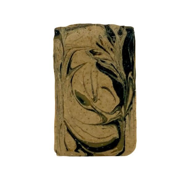 The Rise & Shine soap features a rectangular shape with a swirling black and tan marbled pattern.