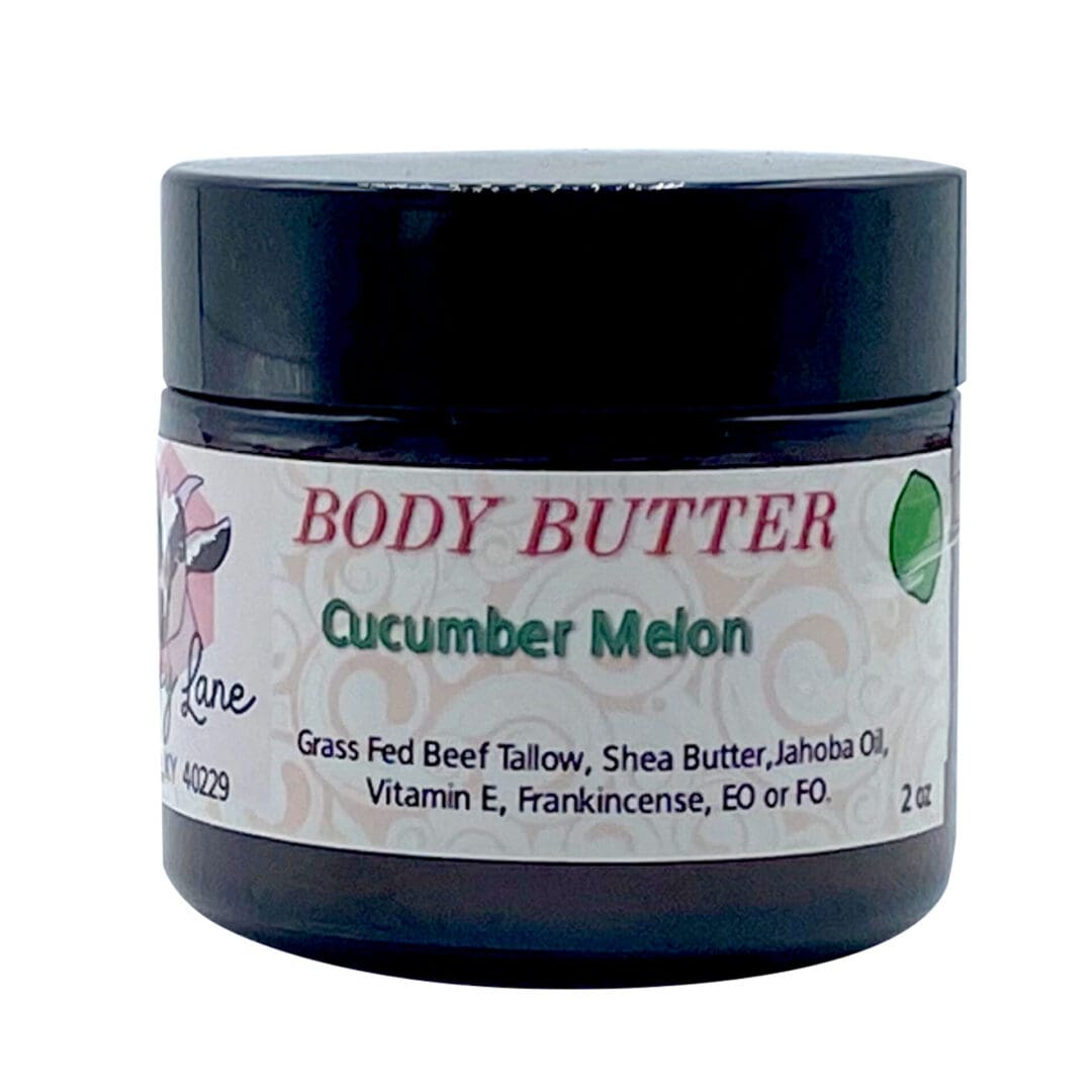 The Cucumber Melon Body Butter - 2oz contains grass-fed beef tallow, shea butter, and essential oils.