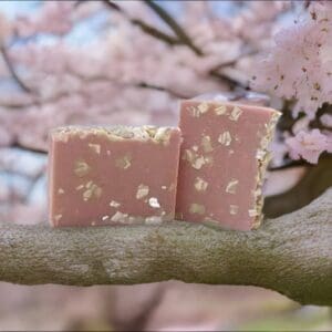 Two Japanese Cherry Blossom soap bars with embedded flakes are placed on a tree branch against a backdrop of blurred cherry blossoms.