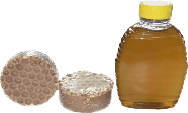 A bottle of Honey Oatmeal (Sample Size 4oz) with a yellow cap and two bubble-wrapped round items, possibly honeycombs or wax products, are placed beside it.