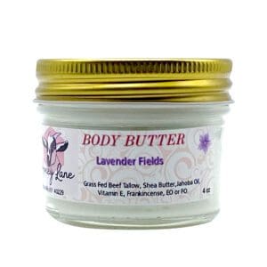 A 4 oz jar of Loving Lavender Body Butter contains grass-fed beef tallow, shea butter, jojoba oil, vitamin E, frankincense, and essential oil or fragrance oil.