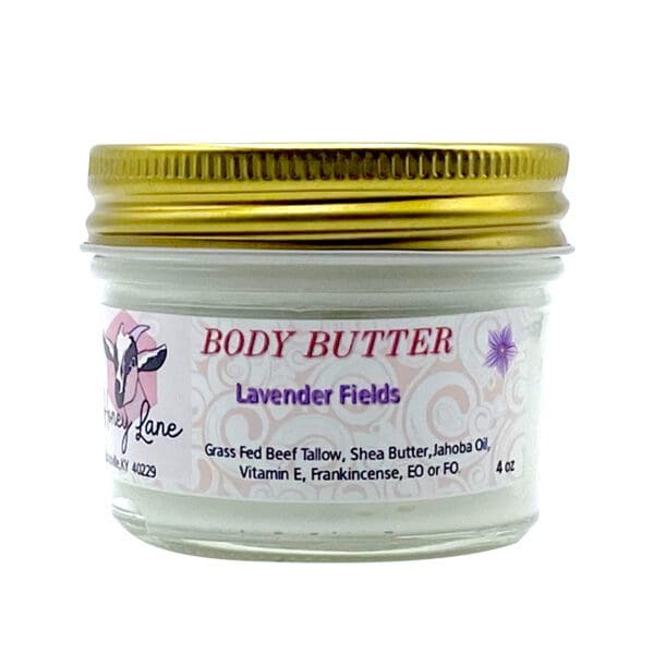 A 4 oz jar of Loving Lavender Body Butter contains grass-fed beef tallow, shea butter, jojoba oil, vitamin E, frankincense, and essential oil or fragrance oil.