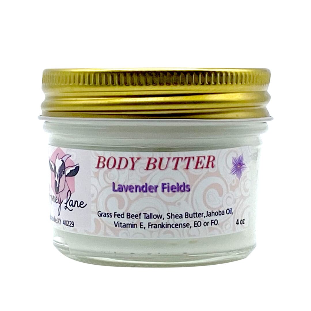 A 4 oz jar of Loving Lavender Body Butter contains grass-fed beef tallow, shea butter, jojoba oil, vitamin E, frankincense, and essential oil or fragrance oil.