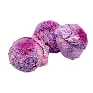 Three scoops of Unicorn Bubble Truffle ice cream in purple and pink on a white background.