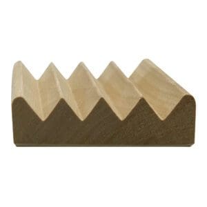 A small item made of wood featuring four triangular peaks and a flat base, similar to a ridged block, is called the Wooden Spike Soap Dish.