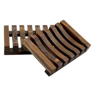 Two Wooden Slat Soap Dishes, one featuring horizontal slats and the other with curved slats, both in a dark brown finish.